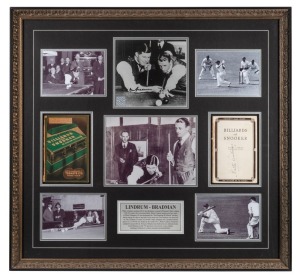 LINDRUM - BRADMAN: Attractive framed display incorporating images of Bradman and Lindrum. Of note, a photograph signed by Bradman and a vintage "Billiards and Snooker" by Walter Lindrum booklet signed by Walter Lindrum. 72 x 76cm overall.