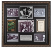 LINDRUM - BRADMAN: Attractive framed display incorporating images of Bradman and Lindrum. Of note, a photograph signed by Bradman and a vintage "Billiards and Snooker" by Walter Lindrum booklet signed by Walter Lindrum. 72 x 76cm overall.
