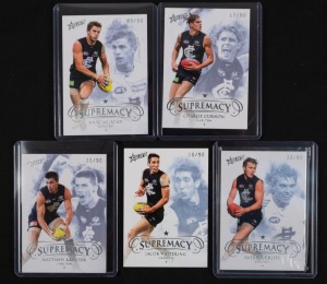 2019 SELECT SUPREMACY: Five limited-edition Carlton cards for Patrick Cripps (#33/90), Matthew Kreuzer (#20/90), Marc Murphy (#89/90), Charlie Curnow (#17/90), and Jacob Weitering (#10/90). (5 items)