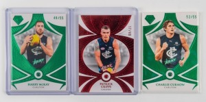 Two limited-edition Select Gem Emerald cards for Carlton players Charlie Curnow (GE5 #52/55) and Harry McKay (GE6 #48/55), together with one Select Gem Ruby card for Patrick Cripps (GR3 #17/40). (3 items)