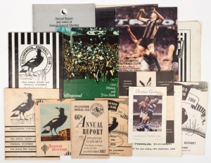 COLLINGWOOD FOOTBALL CLUB: 1957 Annual Report, 1960 "The Collingwood Footballer", 1961 Annual Report, 1964 Annual Report & Christmas Card, 1965 Annual Report & Christmas Card, 1968 Annual Report, 1969 Annual Report, 1973 Annual Report, 1974 History & Year Book, 1979 Annual Report, 1980 Annual Report and 1990 Annual Report. (14 items). Mixed condition.