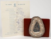 1962-63 M.C.C. AUSTRALIA - NEW ZEALAND TOUR OFFICIAL TEAM SHEET: Fully signed by all nineteen players and officials in the touring party, led by Ted Dexter and Colin Cowdrey. Accompanied by a silver dish engraved "M.C.C. VS. ALL CEYLON, 3. OCT. 1962" as a