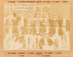 AUSTRALIAN CRICKET TEAM IN ENGLAND, 1899: An original team photograph by J. Herbert Wilson of Market Street, Leicester; with the title "Australian Cricket Team 1899" in the plate, and the players names printed on the mount, window mounted. Overall 24.5 x 29.5cm.