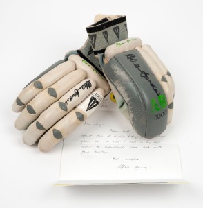 A pair of match-used Duncan Fearnley brand "Allan Border" batting gloves, both signed by Border and accompanied by a signed letter of authenticity in which Border states "These gloves are the ones I used in my last match for Queensland". Border played for Queensland for the last time during the 1995-96 domestic season.