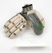 A pair of match-used Duncan Fearnley brand "Allan Border"&nbsp;batting gloves, both signed by Border and accompanied by a signed letter of authenticity in which Border states "These gloves are the ones I used in my last match for Queensland".&nbsp;Border played for