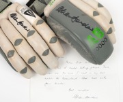 A pair of match-used Duncan Fearnley brand "Allan Border"&nbsp;batting gloves, both signed by Border and accompanied by a signed letter of authenticity in which Border states "These gloves are the ones I used in my last match for Queensland".&nbsp;Border played for - 2