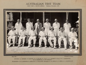 The official photograph by Sidney Riley, titled "AUSTRALIAN TEST TEAM First Test v. SOUTH AFRICA. Brisbane, December, 1952" laid down on a printed card with the names of the players and officials photographed. From the collection of Bill Johnston (who has signed on the back), who took 3 wickets in the first Test, which Australia won. Accompanied by a group of Johnston's personal snapshots from his tour to South Africa with the Australian team in 1949-50. The team photo 31 x 43cm overall.