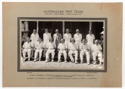 The official photograph by Sidney Riley, titled "AUSTRALIAN TEST TEAM First Test v. SOUTH AFRICA. Brisbane, December, 1952" laid down on a printed card with the names of the players and officials photographed. From the collection of Bill Johnston (who has - 2