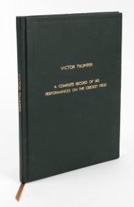 "VICTOR TRUMPER - A Complete Record of his performances on the Cricket Field" by Alfred James, [Cherrybrook, The Cricket Press, 2020], 58pp; Limited edition, #13 of 22; bound in green leather, with marbled end papers. Superb.