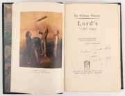 "LORD'S 1787 - 1945" by Sir Pelham Warner [London : George G. Harrap & Co., 1st ed. 1946] 324pp + plates; attractively presented in a green leather binding with gilt titles to spine. A presentation copy signed and dedicated&nbsp;to the title page: "P.F. Warne - 2