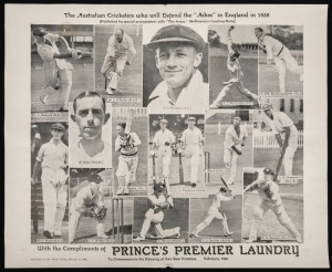 An original photographic supplement published in the "News", 11th February 1938, on behalf of Prince's Premier Laundry, to commemorate the Opening of their New Premises, and featuring "The Australian Cricketers who will Defend the 'Ashes' in England in 1938", 38 x 46cm.