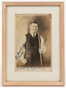 An original photograph of Walter Lindrum endorsed in his hand "To Darling June, From Wally. I was a nice boy June." Framed and glazed, 21.5 x 16cm overall.