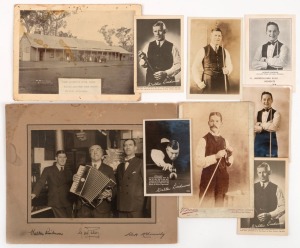 LINDRUM FAMILY PHOTOGRAPHS & POSTCARDS: Including Fred Lindrum's Donnybrook Hotel (Kalgoorlie, Western Australia), photograph signed on the mount by Walter Lindrum, Clark McConachy and one other (illegible), a cabinet card photograph of Frederick Lindrum; together with six assorted postcards of Walter and Horace Lindrum. (9 items).