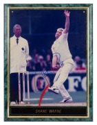 DENNIS LILLEE and SHANE WARNE: Two signed mounted colour photograph displays, the larger 38 x 27cm overall.