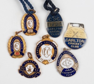CARLTON CRICKET CLUB membership fobs for 1946-47, 1950-51, 1959, 1963, 1964 (Centenary Year) and 1966-67 plus a 1954 Carlton Social Club fob. (7 items).