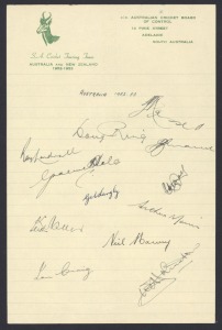 A collection of Australian Team sheets: 1952-53 for the Test Match Series against South Africa (Hassett captain); 1964 Australian Team on Tour (Simpson captain), 1966-67 Australian Team on Tour (Simpson captain), 1969-70 Australian Touring Cricket Team (Lawry captain), 1975 Australian Team to the World Cup (Ian Chappell captain), all fully signed.