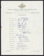 A collection of Australian Team sheets: 1952-53 for the Test Match Series against South Africa (Hassett captain); 1964 Australian Team on Tour (Simpson captain), 1966-67 Australian Team on Tour (Simpson captain), 1969-70 Australian Touring Cricket Team (L - 2