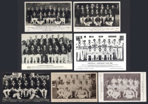 POSTCARDS: A collection of Australian Team postcards, comprising of 1921 (by Topical Times), 1921 (by G.Hunt & Co.), 1930 (Bolland), 1934 (Photo-Work Ltd), 1938 (S. & F.), 1964 (Australian fruits), and 1980 (Stamp Publicity). (7 items).