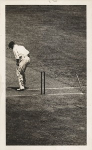 THE BODYLINE SERIES: A group of seven original real-photo postcards published by the Melbourne Herald & Sun newspapers, each one depicting an incident in the 2nd Test Match, played at Melbourne December 1932 - January 1933; each card with a printed label affixed verso, which explains the scene. The titles include "McCabe's Duck", "Hammond's Brilliant Catch", "Signs of Larwood", etc. (7 items). Not previously seen by us.