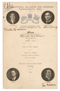 "INTERNATIONAL BILLIARDS AND SNOOKER TOURNAMENTS, 1930": Original card menu from Kettner's Restaurant in Soho with pictorial vignettes and signatures of Walter Lindrum, Clark McConachy, Tom Newman, Claud Falkiner and one other (illegible). 25 x 16cm.