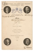 "INTERNATIONAL BILLIARDS AND SNOOKER TOURNAMENTS, 1930": Original card menu from Kettner's Restaurant in Soho with pictorial vignettes and signatures of Walter Lindrum, Clark McConachy, Tom Newman, Claud Falkiner and one other (illegible). 25 x 16cm.