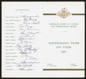 1961 AUSTRALIAN TEAM ON TOUR IN U.K. official fixture and autograph card, signed in pen by the whole party of 17 players led by Richie Benaud and Neil Harvey and including Wally Grout, Bill Lawry, Bob Simpson, and Norm O'Neill. The five match series finished at 2-2, with one match drawn.