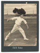 WALTER ROBINS (1906-68): Two action photographs featuring Robins, the English bowler who played in 19 Tests; one showing his bowling stance (signed by Robins) 24 x 18cm; and, another showing Robins after bowling, and getting past Rigg, with Fingleton (who