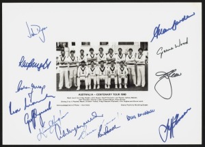 THE AUSTRALIAN TEAM TO THE CENTENARY TEST MATCH AT LORDS, August 1980: A photo-sheet (by Stamp Publicity, Worthing) depicting the complete Australian squad with their names printed below the image; signed by all the players in the large margins surrounding the image. Overall 21.5 x 30.5cm. The team included Allan Border, Dennis Lillee, Greg Chappell, Len Pascoe and Kim Hughes.
