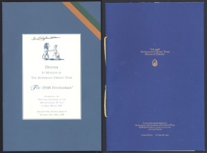 The menu and programme from the Feb.1979 "1948 Australian Cricket Team Reunion Dinner" at the Sydney Hilton, signed by Sam Loxton; together with the April 1948 Adelaide Oval "Dinner in Honour of The Australian Cricket Team - The 1948 Invincibles" menu and programme signed by Bill Johnston, Bill Brown, Ron Hamence, Neil Harvey, Ian Johnson and Sam Loxton, who were all present. (2 signed items).