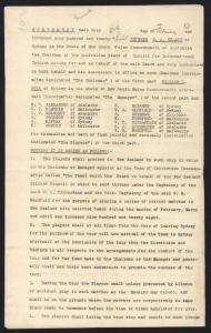 CLARRIE GRIMMETT'S SIGNED CONTRACT FOR THE AUSTRALIAN NATIONAL TEAM TOUR TO NEW ZEALAND - February to April 1928. The four-page contract, signed by Grimmett and R.A. Oxlade (Chairman of the A.C.B.), William Bull (also of the A.C.B.) and witnessed by three others, inviting Grimmett to join a very strong team which was to play six first-class matches against regional and national New Zealand teams.