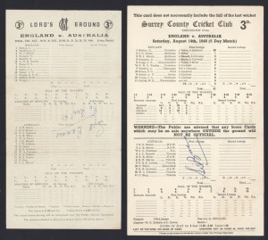 A TENSE MOMENT DURING THE 1948 SERIES: A scorecard from the 5th Test at Kennington Oval (showing England dismissed in the first innings for 52; Lindwall 6 for 20) signed by SID BARNES and accompanied by a hand-written note from ALAN McGILLIVRAY (on the back of a Lord's score sheet from June 1948): "Dear Syd, I did not appreciate your rudeness at luncheon. I assure you I would not have attended a players luncheon had I not been invited, and your loud advice was not welcomed