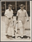 ARTHUR MORRIS signature on an original press photograph of Morris and Barnes, Australia's openers, walking out to open in the first session of the First Test against England at Brisbane, November 29, 1946. 21.5 x 16.5cm.Although both openers had been dism