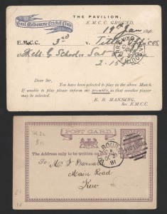 31st October 1881 usage of a 1d postal card, mailed from Melbourne to Mr. F. Barnard, Main Road, Kew, written by Percy Glass, Hon. Sec. South Yarra Oval C.C. with details of two planned games on Jan. 21st and March 25th 1882. Also, a Jan. 1897 usage of a 1d postal card from E.B. Manning at the East Melbourne Cricket Club to a Mr. Davies at South Yarra informing him of the forthcoming match between the E.M.C.C. team and a team representing the Titles Offices on Jan.23rd 1897. (2 items).