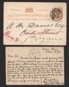 31st October 1881 usage of a 1d postal card, mailed from Melbourne to Mr. F. Barnard, Main Road, Kew, written by Percy Glass, Hon. Sec. South Yarra Oval C.C. with details of two planned games on Jan. 21st and March 25th 1882. Also, a Jan. 1897 usage of a - 2