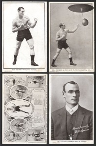 BILL SQUIRES - CHAMPION OF AUSTRALIA: A group of four real photo postcards by Barroni of Melbourne: "At Work on T.W. Sherrin's Punching Ball", "Champion Boxer of Australia", "Champion of Australia", and "Bill Squires - Champion of Australia - Principal Men he has Defeated"; all in fresh Unused condition. (4).