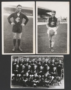 CARLTON: A group of three original Chas Boyles real photo postcards, one depicting the 1949 team at Princes Park, the other two of individual players. (3). Unused.
