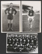 CARLTON: A group of three original Chas Boyles real photo postcards, one depicting the 1949 team at Princes Park, the other two of individual players. (3). Unused.