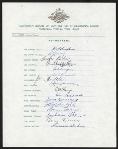 THE 1966-67 AUSTRALIAN TEST TEAM ON TOUR: Official team sheet signed by all sixteen players including Simpson, Lawry, Chappell, Cowper, McKenzie and Stackpole.