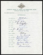 THE 1966-67 AUSTRALIAN TEST TEAM ON TOUR: Official team sheet signed by all sixteen players including Simpson, Lawry, Chappell, Cowper, McKenzie and Stackpole.