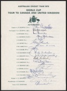 THE 1975 AUSTRALIAN TEST TEAM ON TOUR TO CANADA and the WORLD CUP in ENGLAND: Official team sheet signed by all nineteen players and officials including Ian Chappell (capt.), Greg Chappell (V.C.), Lillie, Marsh, Walker and Walters.