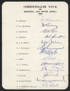 1960 Commonwealth Tour of Rhodesia and South Africa, official team sheet with 13 signatures including Richie Benaud, Tom Graveney, Fred Trueman, Bob Simpson & Len Maddocks. Extremely scarce - only the 3rd example we have offered.