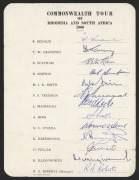 1960 Commonwealth Tour of Rhodesia and South Africa, official team sheet with 13 signatures including Richie Benaud, Tom Graveney, Fred Trueman, Bob Simpson & Len Maddocks. Extremely scarce - only the 3rd example we have offered.