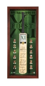 "AUSTRALIA 2004/05 FIRST XI": Display featuring a full size cricket bat signed by the whole team combined with their photographs. Accompanied by a PWC CofA, numbered 9/200. Framed in a most attractive case, 105 x 51cm overall.