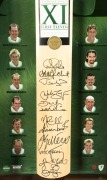 "AUSTRALIA 2004/05 FIRST XI": Display featuring a full size cricket bat signed by the whole team combined with their photographs. Accompanied by a PWC CofA, numbered 9/200. Framed in a most attractive case, 105 x 51cm overall. - 2