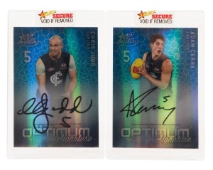 2022 SELECT OPTIMUM MIRROR SIGNATURE CARDS: Two limited-edition cards for Adam Cerra (OMS5 #35/50) and Chris Judd (OMS6 #17/50), together with their respective redemption cards (OMSR5 #35/50 & OMSR6 #17/50). (4 items)