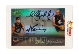 2022 SELECT OPTIMUM DUAL SIGNATURE CARD: Limited-edition signed card for Chris Judd and Adam Cerra (OMDS3 #21/50), together with redemption card (OMDSR3 #21/50). (2 items)