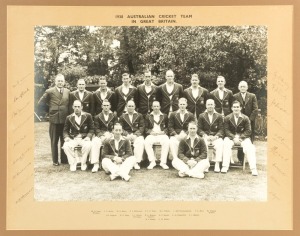 1938 AUSTRALIAN CRICKET TEAM IN GREAT BRITAIN original official large-format team photograph, signed in the side margins by all 18 in the touring party, includes Bradman, McCabe, Barnett, O'Reilly, Brown, Fingleton and Fleetwood-Smith & Barnes. Framed and glazed, overall 77 x 93cm.