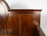 FROM WALTER LINDRUM'S BILLIARDS ROOM: An antique Australian blackwood hall bench with lift-up compartment seat and break arch back rest with recessed circular panel, circa 1920, 136cm high, 190cm wide, 54cm deep - 3