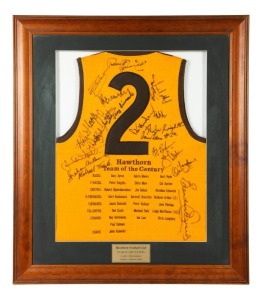 Hawthorn Football Club Team of the Century No. 2 guernsey signed by 20 of the team greats, including Graham Arthur, Michael Tuck, Peter Hudson, Peter Knights, Ian Law, Brendan Edwards, Kelvin Moore; attractively framed & glazed with a certificate of authenticity on reverse. Overall 93 x 81cm.