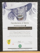 "RECOLLECTIONS OF WARNE" attractive display combining action photographs and details of Warne's career signed by him and including a full size set of wickets and bails, numbered 25 of a limited edition of 145, accompanied by a PWC CofA. Framed and glazed, - 4